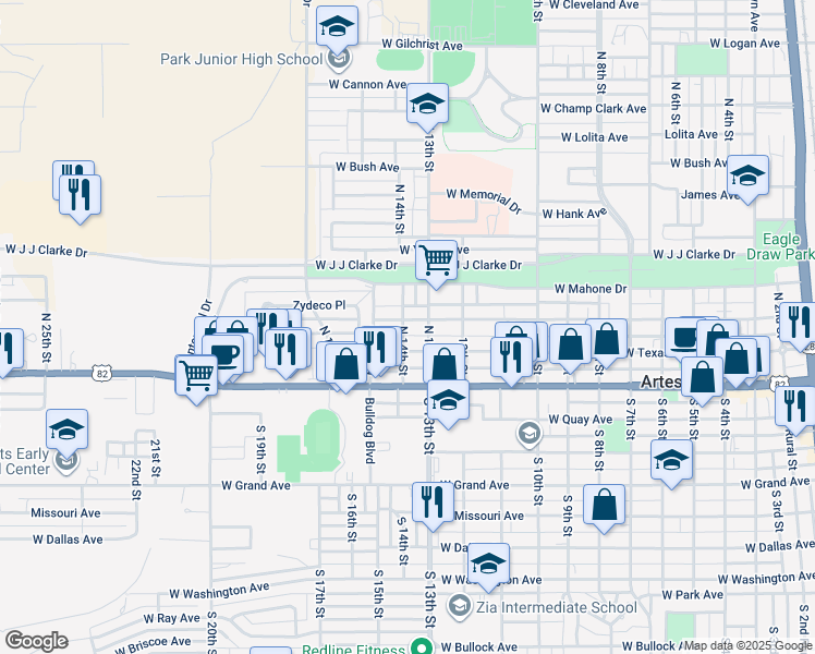 map of restaurants, bars, coffee shops, grocery stores, and more near 1307 West Chisum Avenue in Artesia