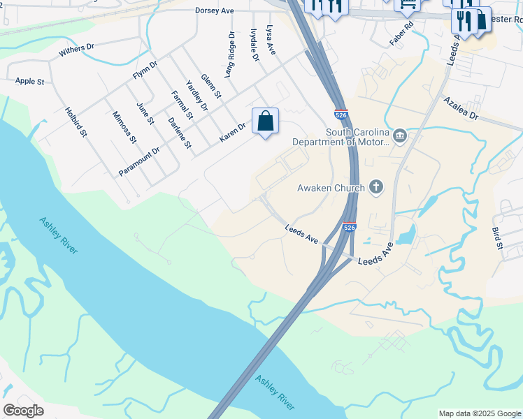 map of restaurants, bars, coffee shops, grocery stores, and more near 4401 Leeds Avenue in North Charleston