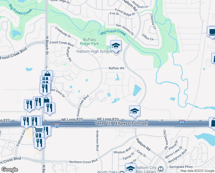 map of restaurants, bars, coffee shops, grocery stores, and more near 5445 Wedge Wood Drive in Haltom City