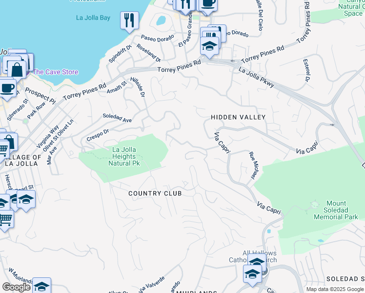 map of restaurants, bars, coffee shops, grocery stores, and more near 7454 Hillside Drive in San Diego