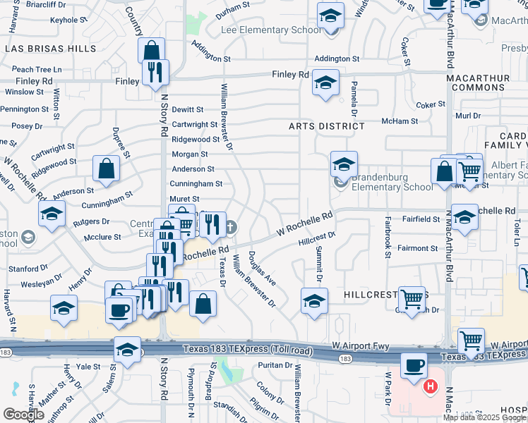 map of restaurants, bars, coffee shops, grocery stores, and more near 1926 Muret Street in Irving