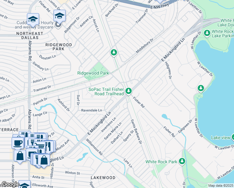 map of restaurants, bars, coffee shops, grocery stores, and more near 6911 Blessing Dr in Dallas