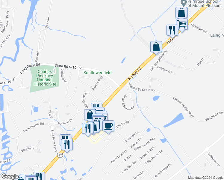 map of restaurants, bars, coffee shops, grocery stores, and more near 1137 Astor Drive in Mount Pleasant