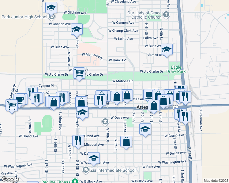 map of restaurants, bars, coffee shops, grocery stores, and more near 212 North 9th Street in Artesia