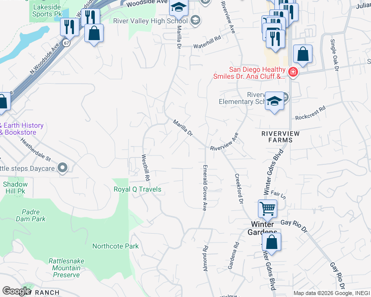 map of restaurants, bars, coffee shops, grocery stores, and more near 9302 Marilla Drive in Lakeside