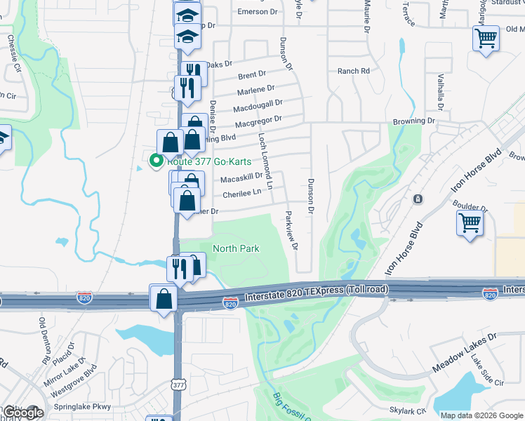 map of restaurants, bars, coffee shops, grocery stores, and more near 5656 Bonner Drive in Haltom City