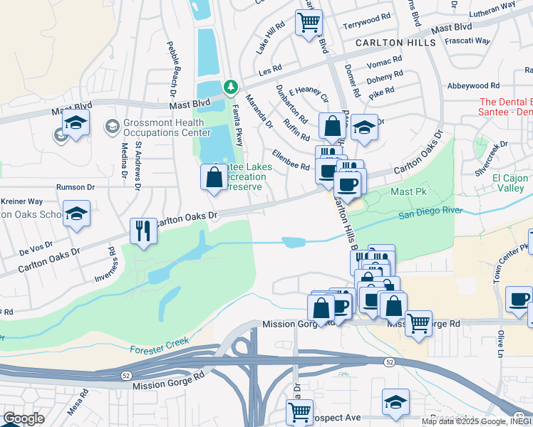 map of restaurants, bars, coffee shops, grocery stores, and more near 9205 Camino Del Verde in Santee