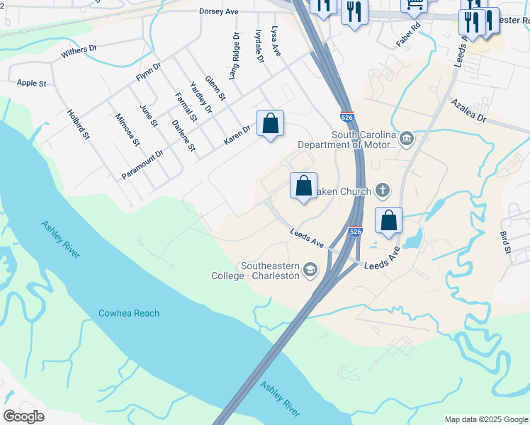 map of restaurants, bars, coffee shops, grocery stores, and more near 4500 Leeds Ave in North Charleston