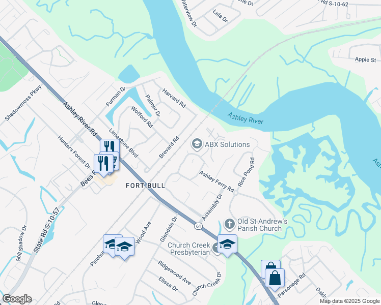 map of restaurants, bars, coffee shops, grocery stores, and more near 2340 Treescape Drive in Charleston