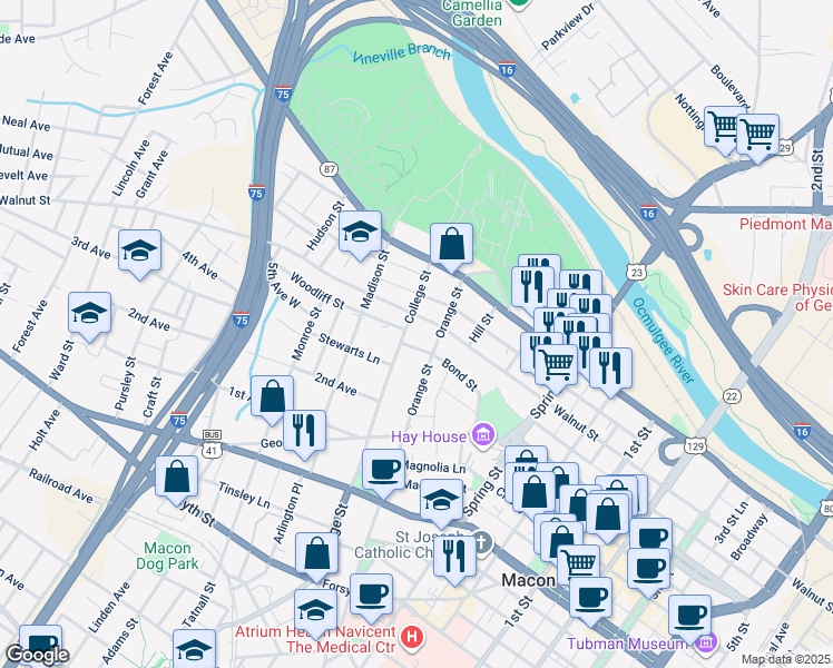 map of restaurants, bars, coffee shops, grocery stores, and more near 232 College Street in Macon
