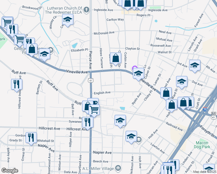 map of restaurants, bars, coffee shops, grocery stores, and more near 251 Oak Haven Avenue in Macon