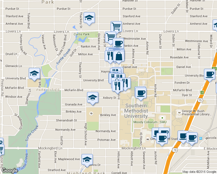 map of restaurants, bars, coffee shops, grocery stores, and more near 3436 McFarlin Boulevard in Dallas
