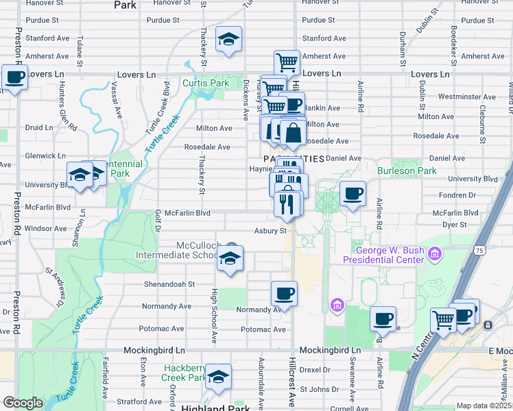 map of restaurants, bars, coffee shops, grocery stores, and more near 3436 McFarlin Boulevard in Dallas