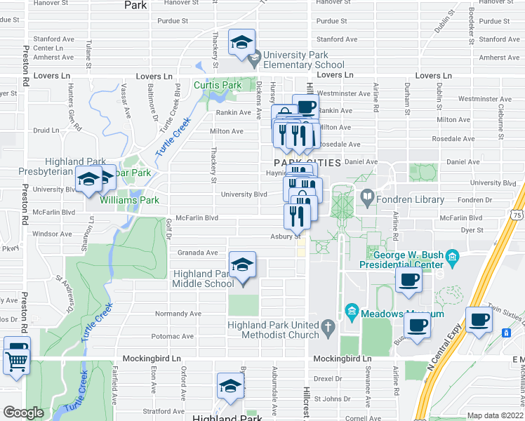 map of restaurants, bars, coffee shops, grocery stores, and more near 3504 McFarlin Boulevard in Dallas