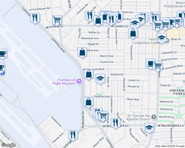 map of restaurants, bars, coffee shops, grocery stores, and more near 12 Wateka Drive in Dallas