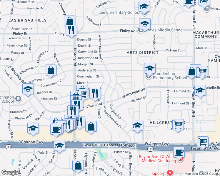 map of restaurants, bars, coffee shops, grocery stores, and more near 2813 William Brewster Drive in Irving