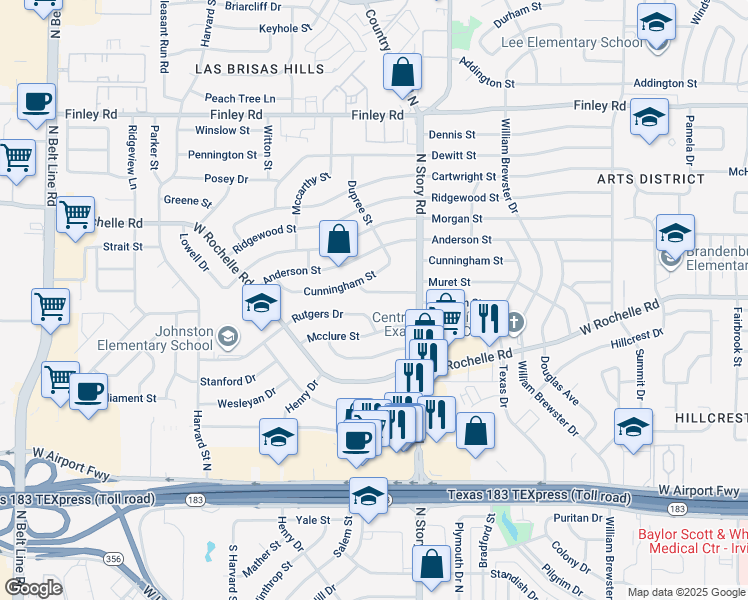 map of restaurants, bars, coffee shops, grocery stores, and more near 2712 Mcclure Street in Irving