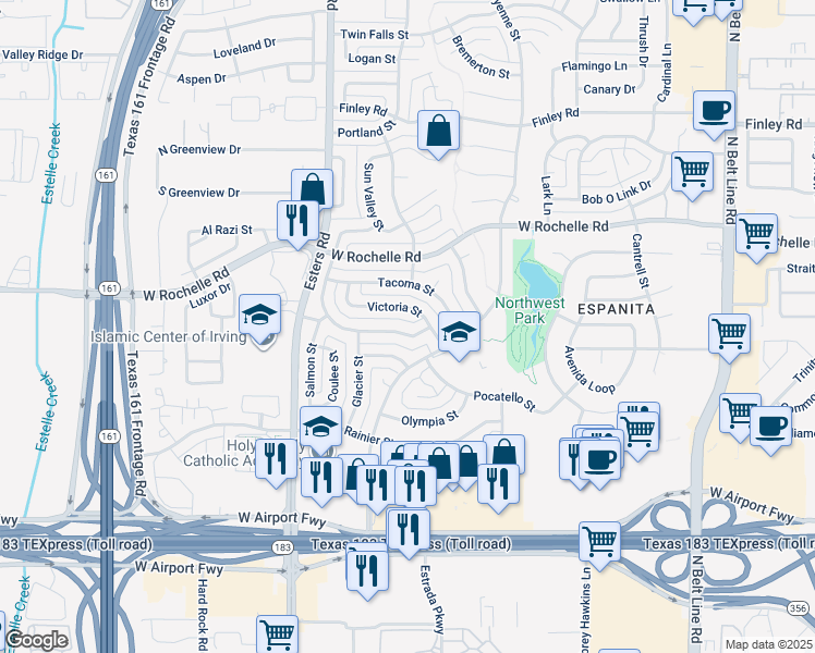 map of restaurants, bars, coffee shops, grocery stores, and more near 2613 Laramie Street in Irving
