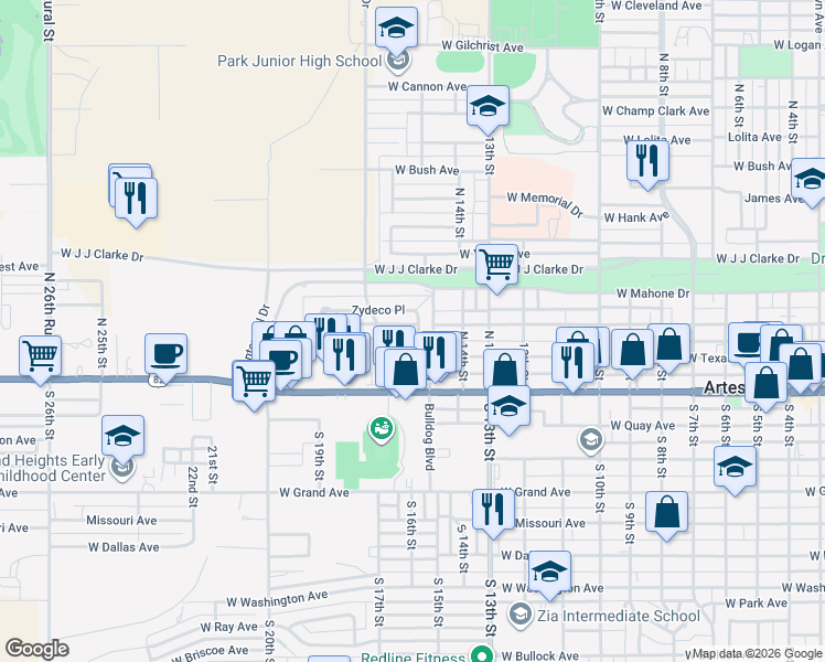 map of restaurants, bars, coffee shops, grocery stores, and more near 263-299 N 15th St in Artesia