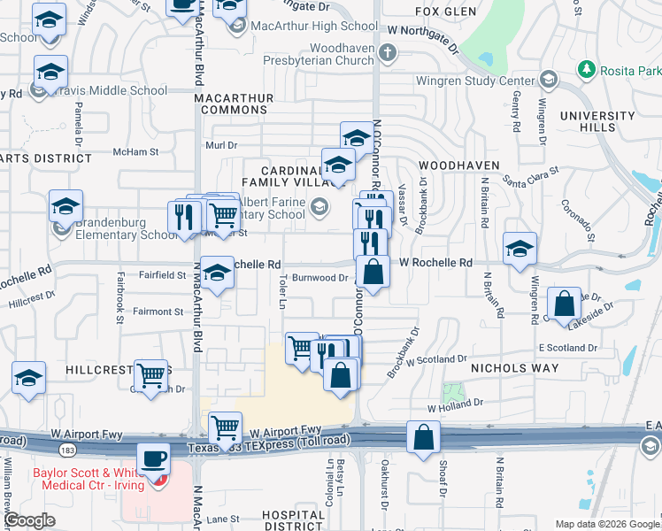 map of restaurants, bars, coffee shops, grocery stores, and more near 602 West Rochelle Road in Irving