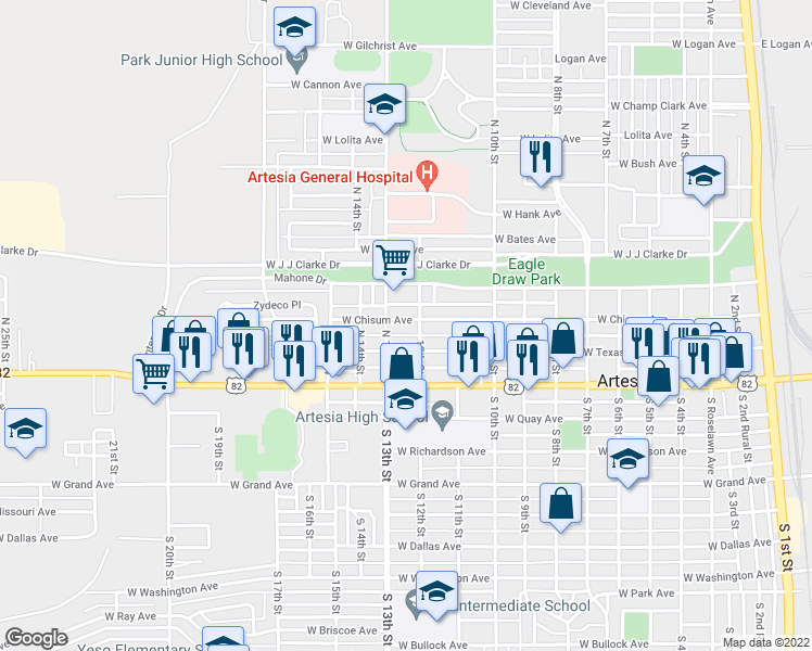map of restaurants, bars, coffee shops, grocery stores, and more near 1205 West Chisum Avenue in Artesia