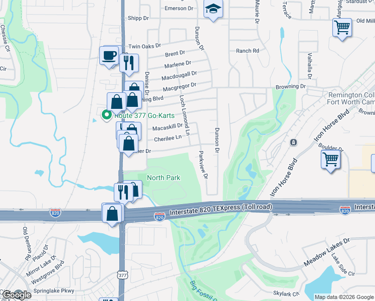 map of restaurants, bars, coffee shops, grocery stores, and more near 5664 Bonner Drive in Haltom City