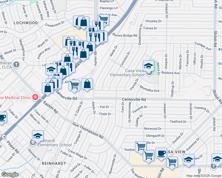 map of restaurants, bars, coffee shops, grocery stores, and more near 1803 Farola Drive in Dallas