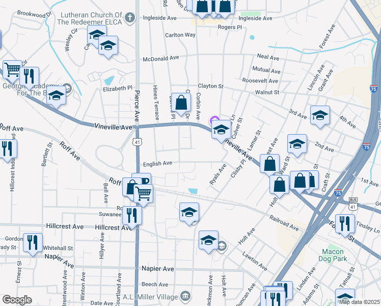 map of restaurants, bars, coffee shops, grocery stores, and more near 2448 Delaware Avenue in Macon