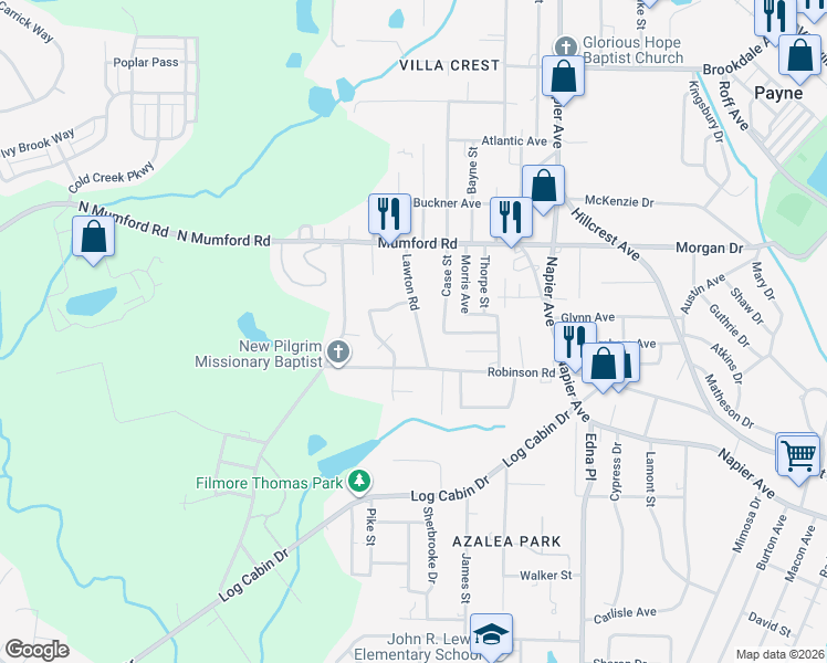 map of restaurants, bars, coffee shops, grocery stores, and more near 4270 Robinson Court in Macon