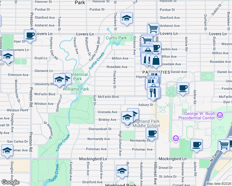 map of restaurants, bars, coffee shops, grocery stores, and more near 3536 McFarlin Boulevard in Dallas