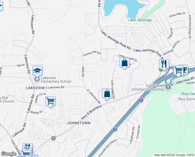 map of restaurants, bars, coffee shops, grocery stores, and more near 9287 Lakeview Terrace in Lakeside