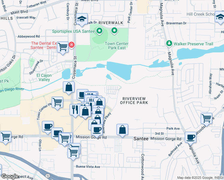 map of restaurants, bars, coffee shops, grocery stores, and more near 328 Millstream Court in Santee