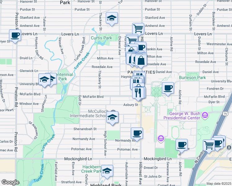 map of restaurants, bars, coffee shops, grocery stores, and more near 3504 McFarlin Boulevard in Dallas