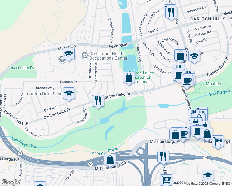 map of restaurants, bars, coffee shops, grocery stores, and more near 8906 Carlton Oaks Drive in Santee