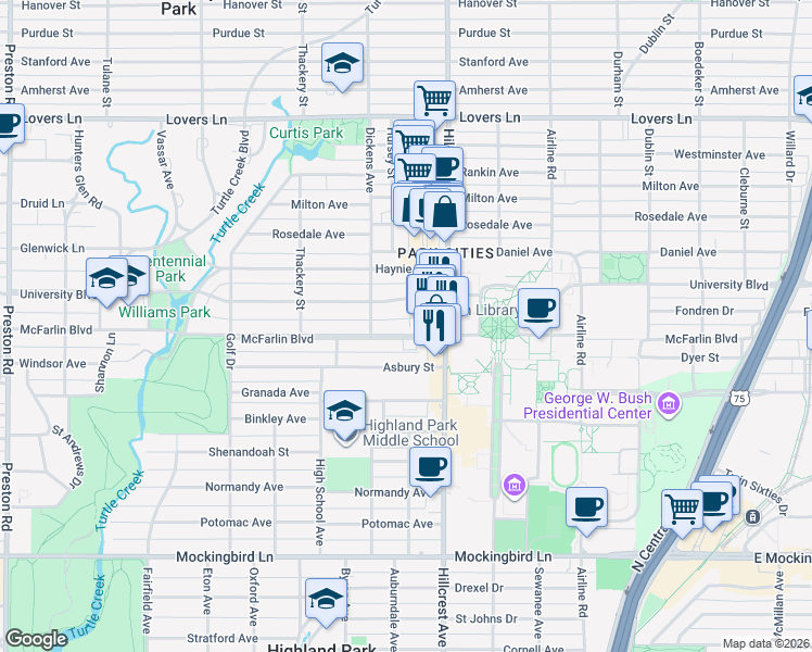 map of restaurants, bars, coffee shops, grocery stores, and more near 3436 McFarlin Boulevard in Dallas