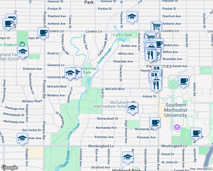 map of restaurants, bars, coffee shops, grocery stores, and more near 3644 McFarlin Boulevard in Dallas