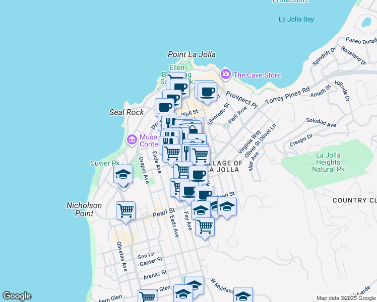 map of restaurants, bars, coffee shops, grocery stores, and more near 7713 Girard Avenue in San Diego