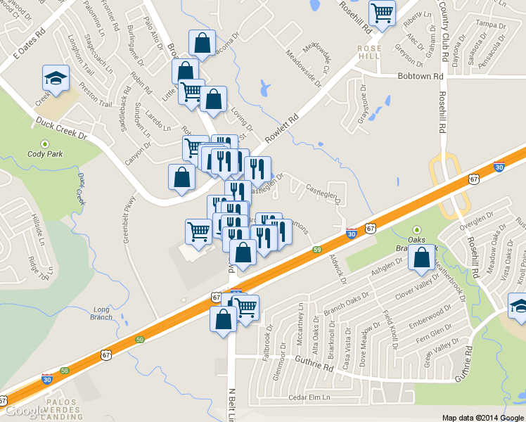 map of restaurants, bars, coffee shops, grocery stores, and more near 575 Broadway Commons in Garland