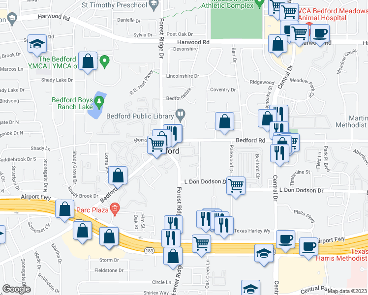 map of restaurants, bars, coffee shops, grocery stores, and more near 1708 Arbor Mill Circle in Bedford