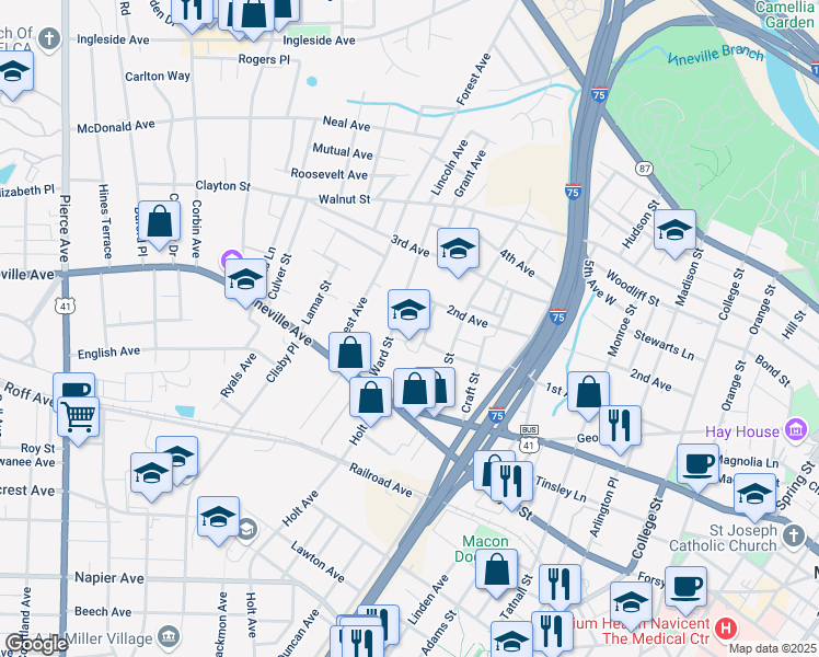 map of restaurants, bars, coffee shops, grocery stores, and more near 1980 Amos Street in Macon