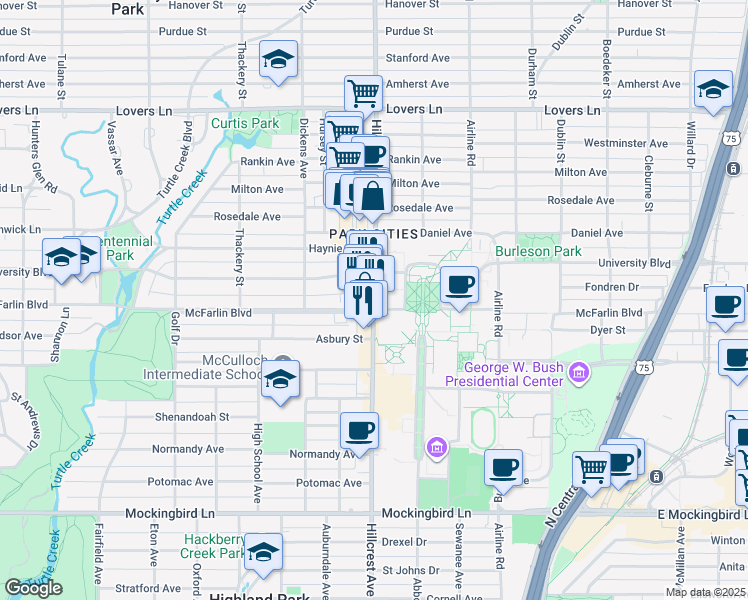 map of restaurants, bars, coffee shops, grocery stores, and more near 6424 Hillcrest Avenue in Dallas