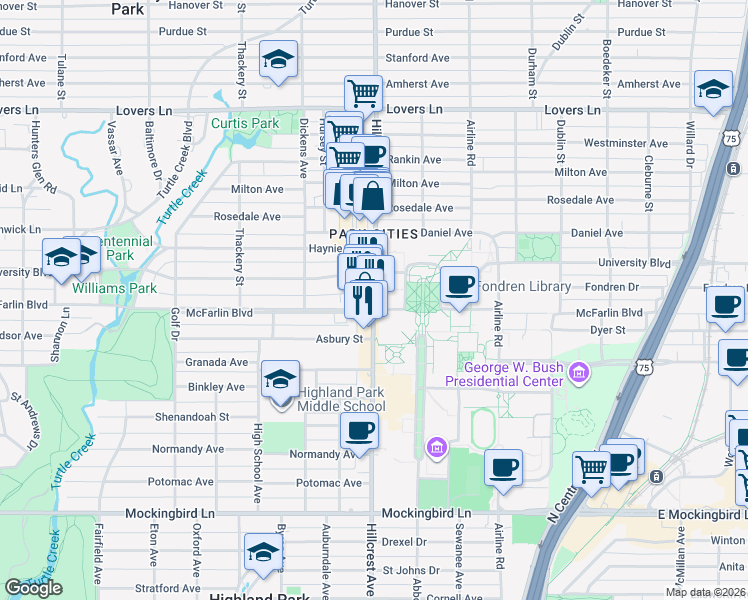 map of restaurants, bars, coffee shops, grocery stores, and more near 6424 Hillcrest Avenue in Dallas