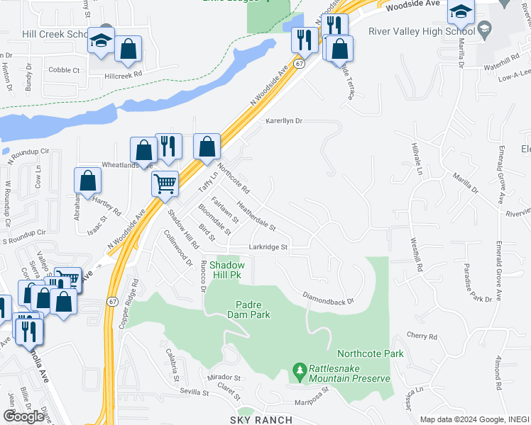 map of restaurants, bars, coffee shops, grocery stores, and more near 9136 Northcote Road in Santee