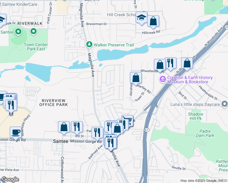 map of restaurants, bars, coffee shops, grocery stores, and more near 9255 Magnolia Avenue in Santee