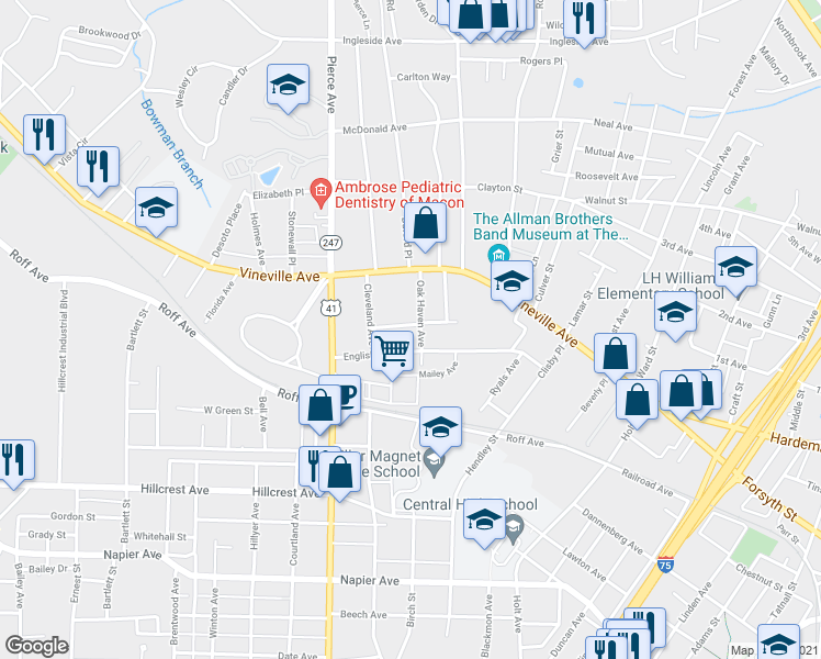 map of restaurants, bars, coffee shops, grocery stores, and more near 211 Oak Haven Avenue in Macon