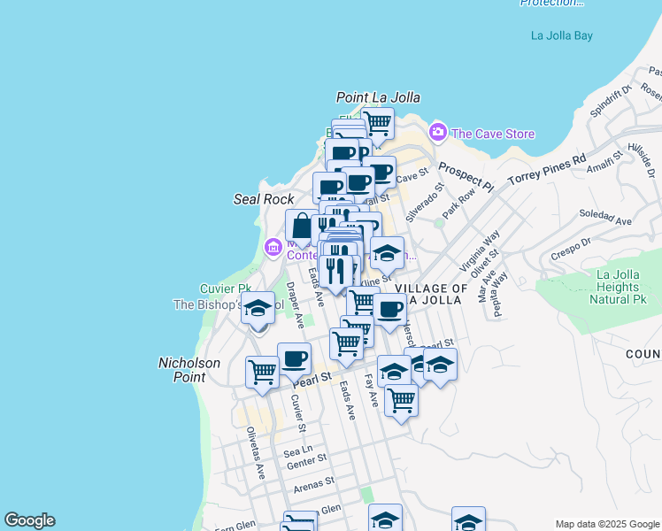 map of restaurants, bars, coffee shops, grocery stores, and more near 7757 Eads Avenue in San Diego