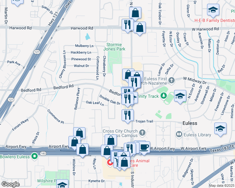 map of restaurants, bars, coffee shops, grocery stores, and more near 6754 Bedford Road in Bedford