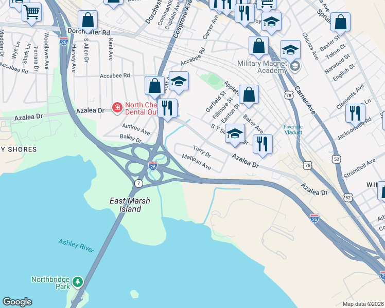 map of restaurants, bars, coffee shops, grocery stores, and more near 3105 Matipan Avenue in North Charleston