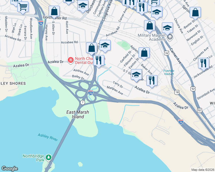 map of restaurants, bars, coffee shops, grocery stores, and more near 3105 Matipan Avenue in North Charleston