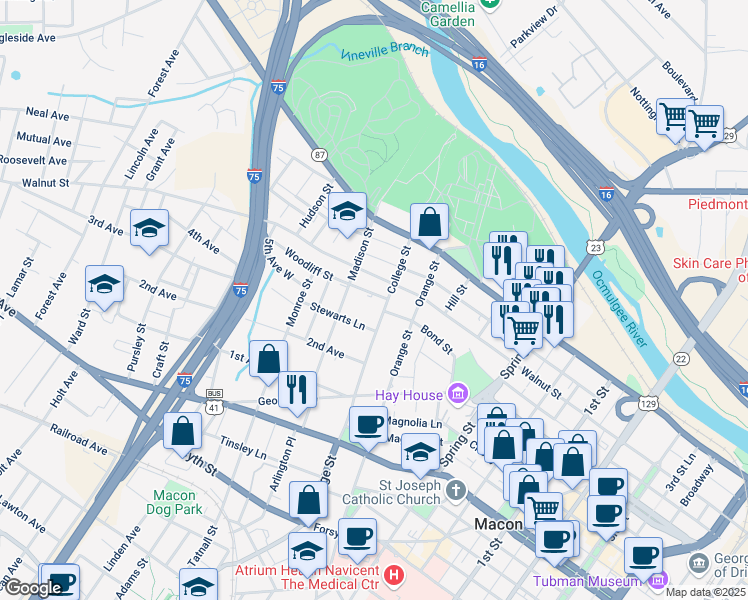 map of restaurants, bars, coffee shops, grocery stores, and more near 232 College Street in Macon